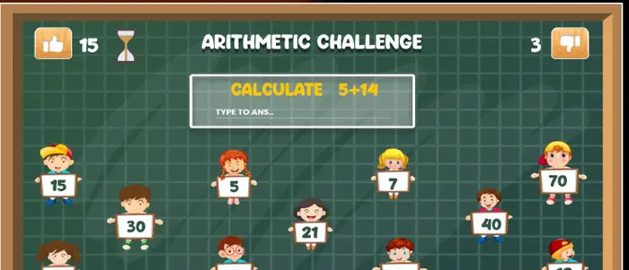 A game screen presenting an arithmetic challenge with numbered characters to select.