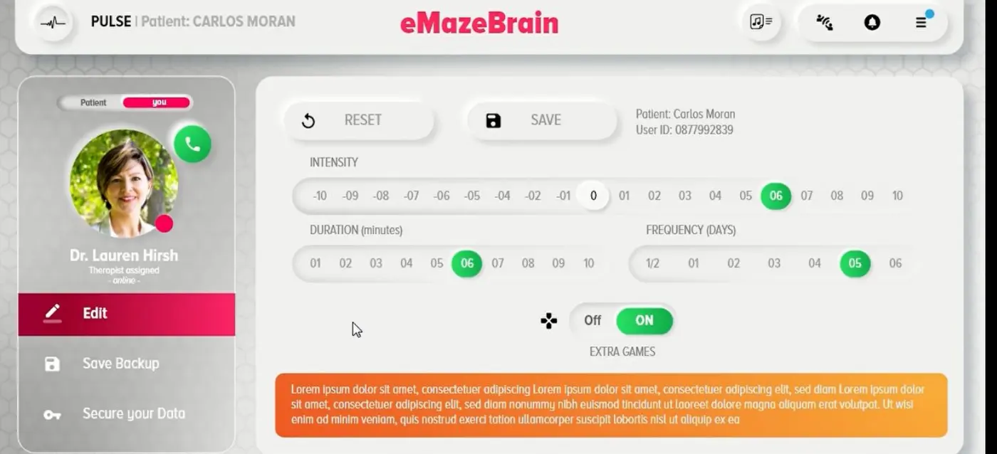 The Pulse screen, showing sliders for intensity from minus ten to plus ten, duration in minutes, frequency in days, and a toggle for extra games.