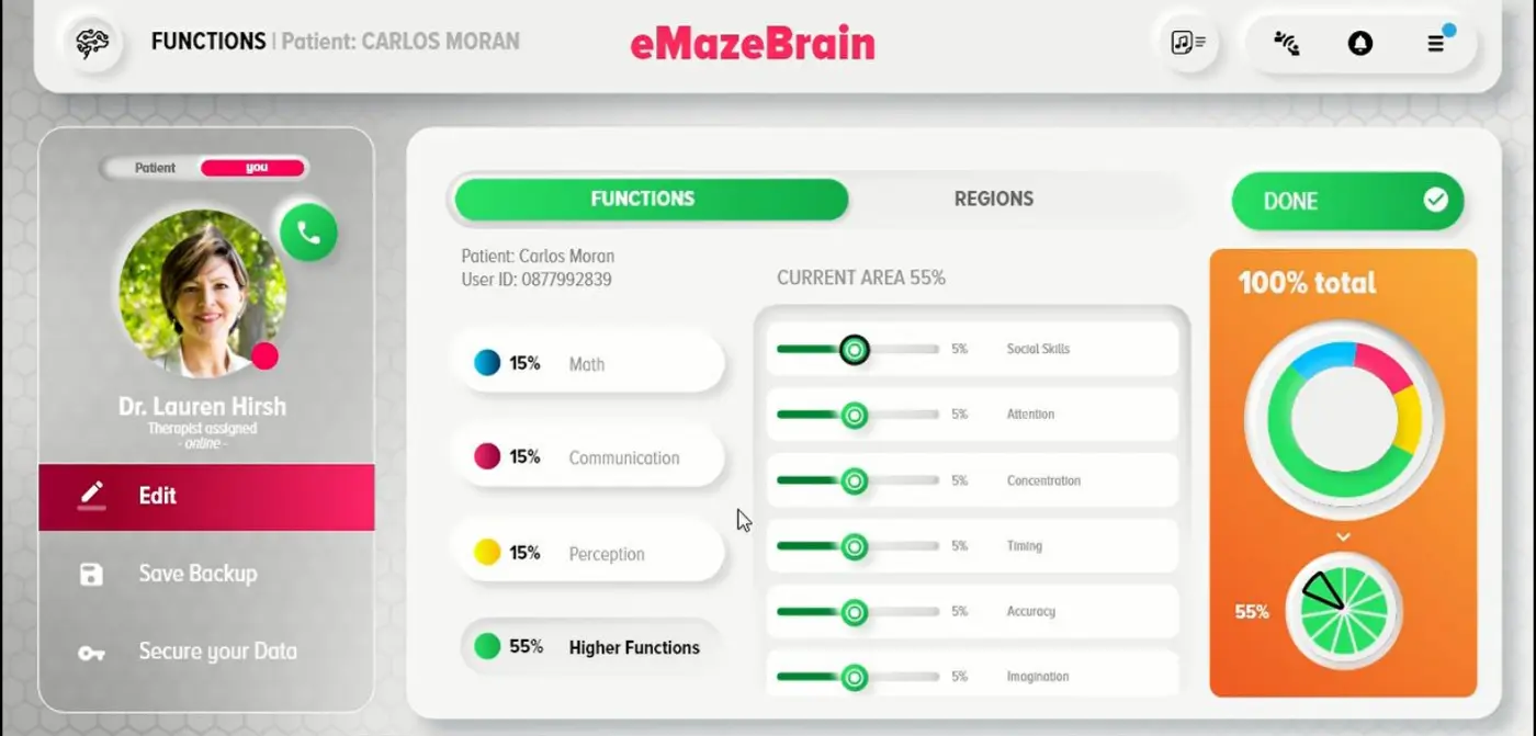 The Functions screen, allocating percentages across maths, communication, perception and higher functions, with sub-skills including social skills, attention, concentration, timing, accuracy and imagination.